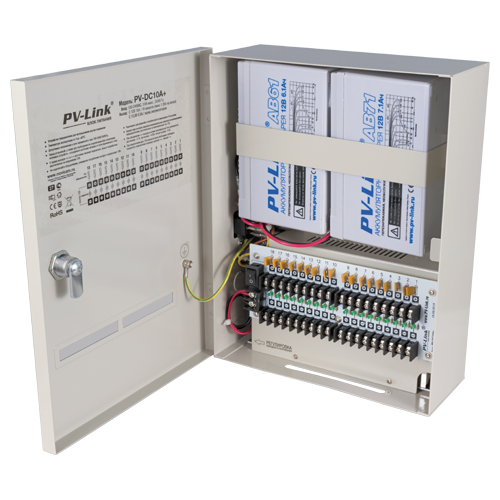 PV-DC10A+                                - блок бесперебойного питания DC 12-14,5 В, 10 А, 18 индивидуальных выходов с предохранителями, стабилизированный